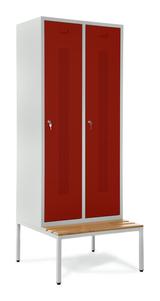 Garderobenspinde SYSTEM SP1 mit Sitzbank | Rubinrot RAL 3003 | mit untergebauter Sitzbank, Holzleisten | 400 | Zylinderschloss