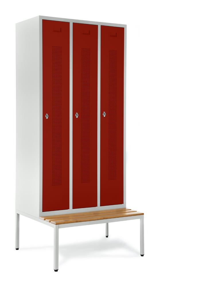 Garderobenspinde SYSTEM SP1 mit Sitzbank | Rubinrot RAL 3003 | mit untergebauter Sitzbank, Holzleisten | 300 | Drehriegelverschluss