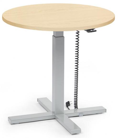 Höhenverstellbarer Schreibtisch MODUL Monosäule Ahorndekor | Platte Rund - Durchmesser 800 mm | Alusilber